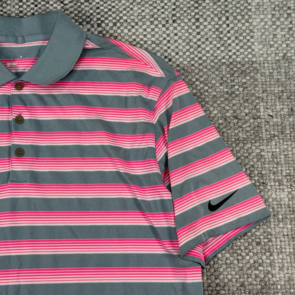 Nike Golf Polo Shirt Mens Medium Grey Pink Striped Short Sleeve 639710-089